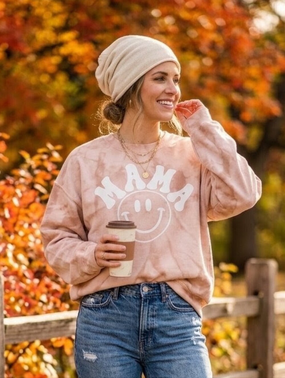 GILDAN 'MAMA' Sweatshirt Tie Dye Peachy Tan with White Graphic Oversized Size L